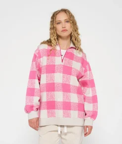 high neck zip sweater check