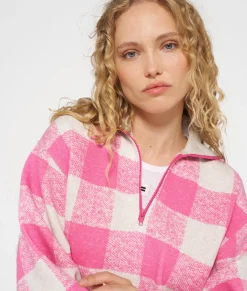 high neck zip sweater check